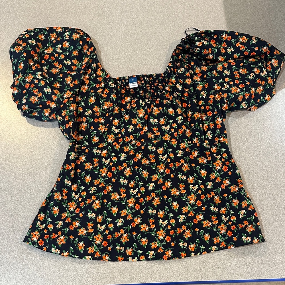Old Navy Floral Puff Sleeve Blouse - Black and Orange - Picture 1 of 4